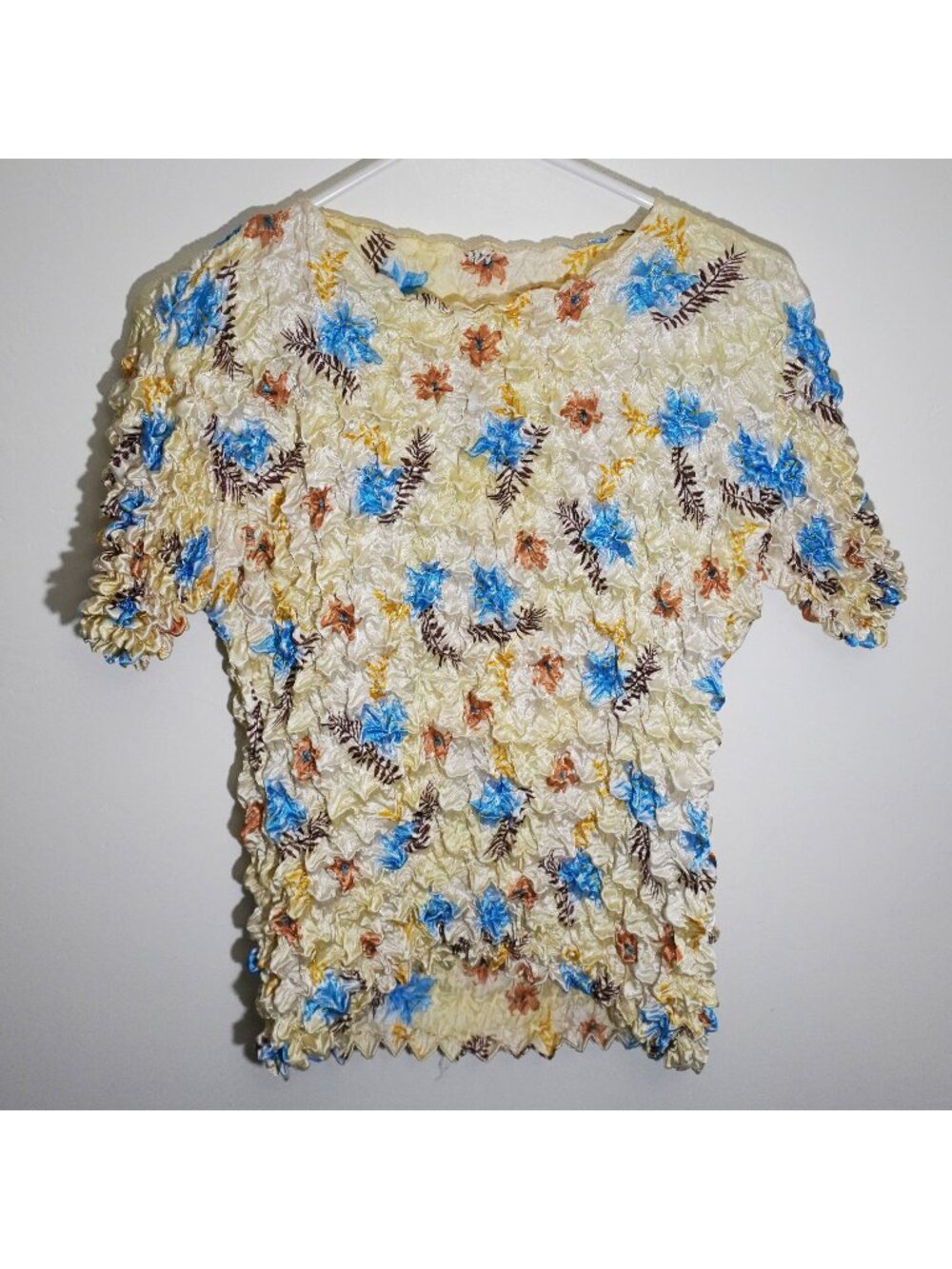 Y2K Vintage FC Popcorn Top Butter Yellow Floral Scrunch Stretchy Top Womens M